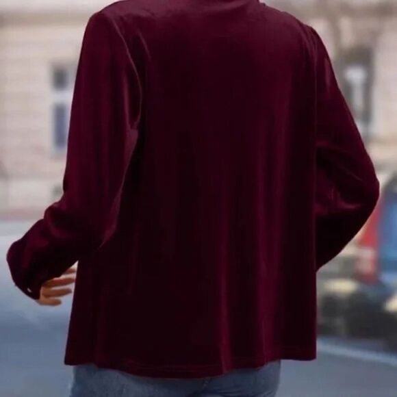 New Luxe Burgundy Velvet ButtonâDownâOversizedâShirtâTop - Picture 3 of 16